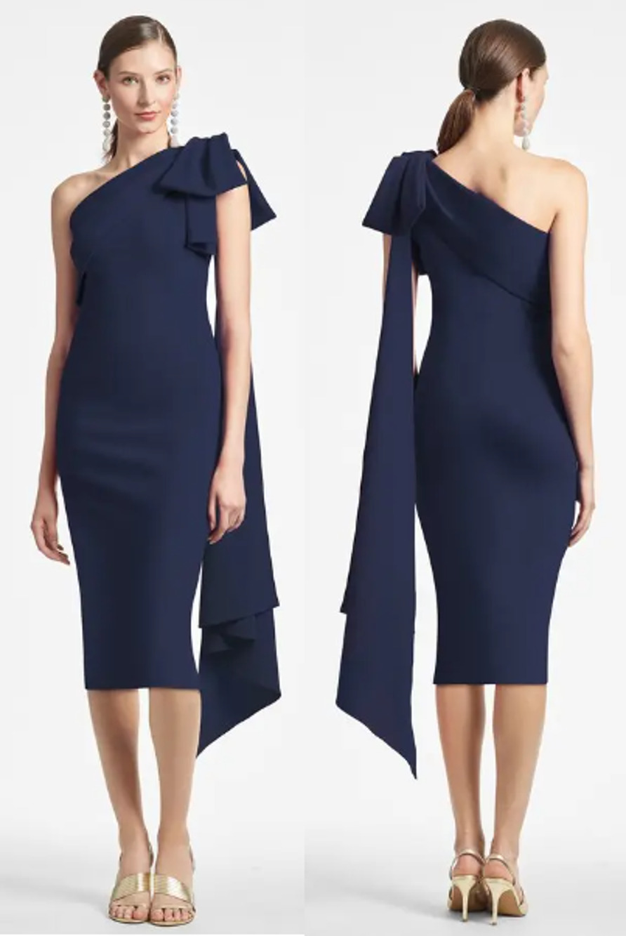 NWT Sachin & Babi Miranda One-Shoulder Bow Crepe Bodycon Midi Dress Blue Size 12